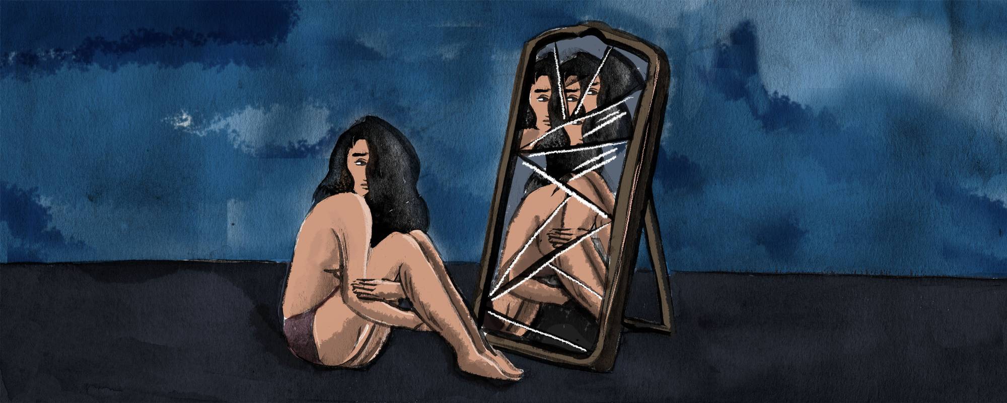 πίνακας με κοπέλα που κοιτάζεται σε σπασμένο καθρέφτη