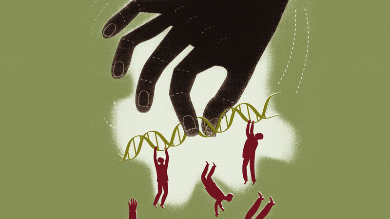 χέρι που κρατάει DNA και πάνω του κρέμονται άνθρωποι