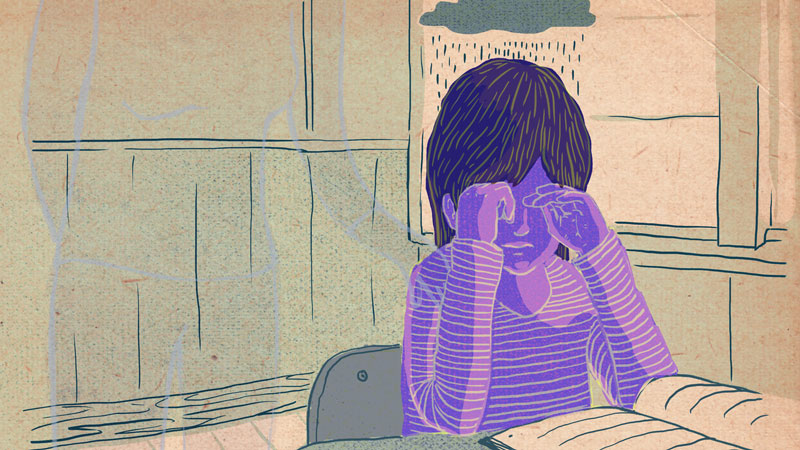 σκίτσο παιδιού που πάσχει από κατάθλιψη και κλαίει καθισμένο μπροστά σε ένα βιβλίο και από πάνω βρέχεται από ένα σύννεφο βροχής στο σχολείο
