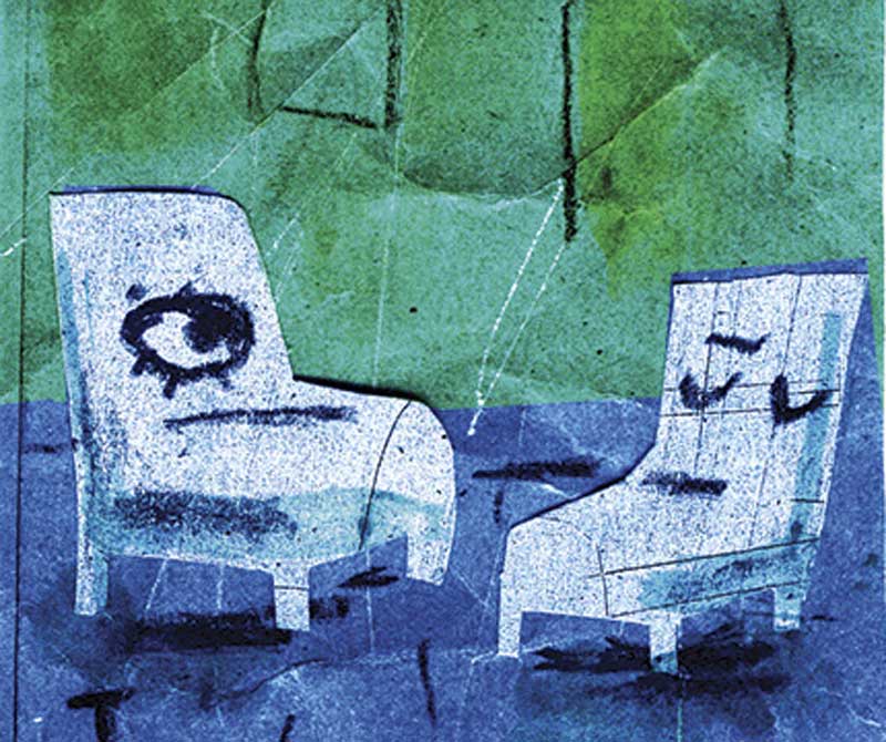 ζωγραφιά που απεικονίζει δύο καρέκλες με πρόσωπα σε ένα γραφείο δείχνει τις παρανοήσεις σχετικά με την ψυχοθεραπεία