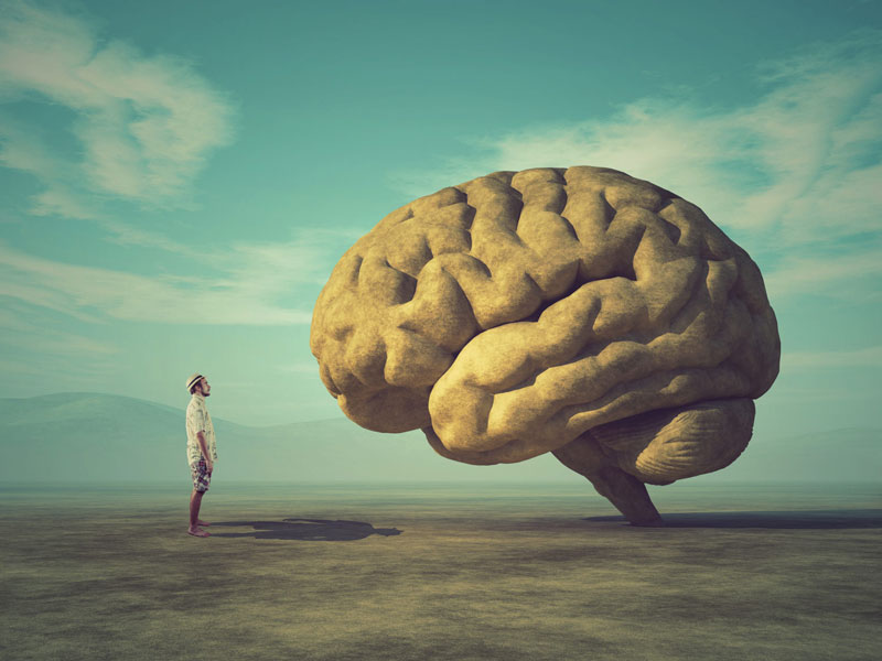 άνθρωπος στέκεται μπροστά από ένα τεράστιο εγκέφαλο