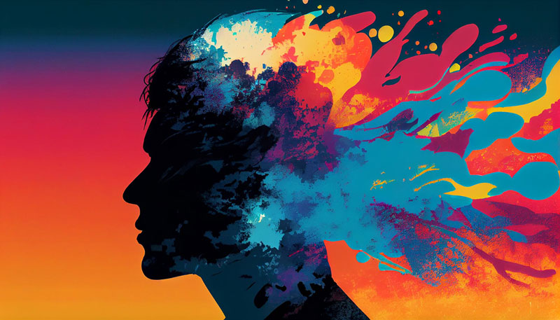 ζωγραφιά εγκεφάλου με διάφορα χρώματα να βγαίνουν από το πάνω μέρος του