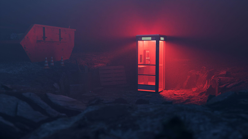 ένας εγκαταλελειμμένος τηλεφωνικός θάλαμος με κόκκινο φως