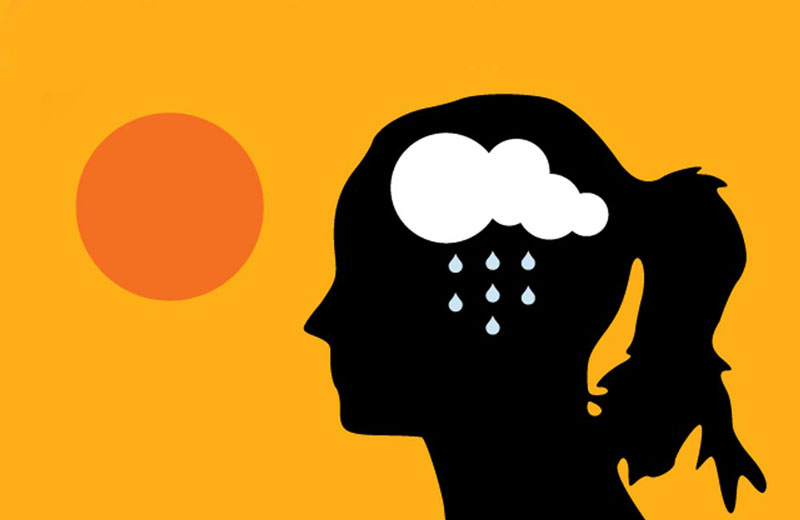 ζωγραφιά που δείχνει μία γυναίκα που μέσα στο μυαλό της βρέχει ενώ έξω έχει ήλιο