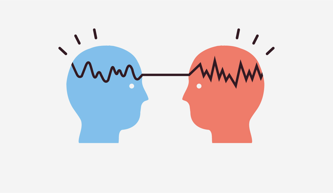 σχέδιο με δυο ανθρώπους να συνδέονται εγκεφαλικά με την βοήθεια των κατοπτρικών νευρώνων