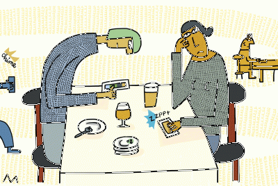 animation που δείχνει δύο συντρόφους σε ένα τραπέζι να κοιτούν το smartphone τους