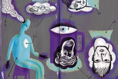 πίνακας με μία φιγούρα ανθρώπου να βγαίνει μία ρίζα από το μυαλό του, ένα ζωγραφισμένο μάτι και δύο κεφάλια ανθρώπων που υποδεικνύονται από βέλη μύθοι και αλήθειες της ψυχοθεραπείας