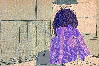 σκίτσο παιδιού που πάσχει από κατάθλιψη και κλαίει καθισμένο μπροστά σε ένα βιβλίο και από πάνω βρέχεται από ένα σύννεφο βροχής στο σχολείο