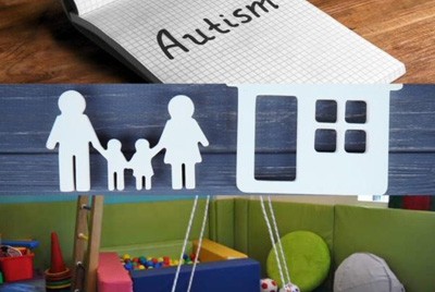 λογότυπο δικεψύ με εικόνα από μαξιλάρια και παιχνίδια φιγούρα οικογένειας με ξύλινο σπίτι και τετράδιο που γράφει autism