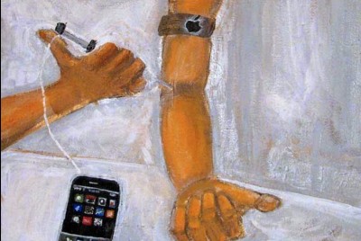 σκίτσο ανθρώπου να χρησιμοποιεί ένεση που είναι συνδεδεμένη με ένα κινητό