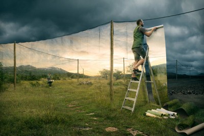 άντρας ζωγραφίζει λιακάδα κρύβοντας τον συννεφιασμένο καιρό