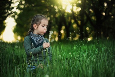 παιδί σε ένα λιβάδι φυσάει ένα λουλούδι ''κλέφτη''