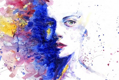 πίνακας που απεικονίζει γυναικείο πρόσωπο μέσα από το οποίο αναδύονται χρώματα