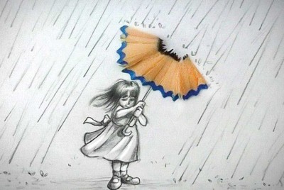 πίνακας που απεικονίζει ένα κοριτσάκι να κρατάει μία ομπρέλα από ξύσμα μολυβιού ενάντια στη βροχή