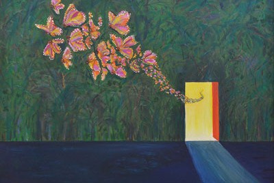 πίνακας που απεικονίζει μία φωτεινή πόρτα από την οποία μπαίνουν πολύχρωμες πεταλούδες
