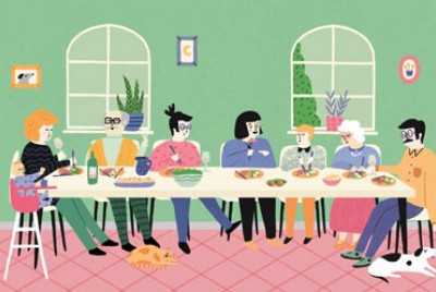 ζωγραφιά μιας οικογένειας καθισμένης σε ένα τραπέζι