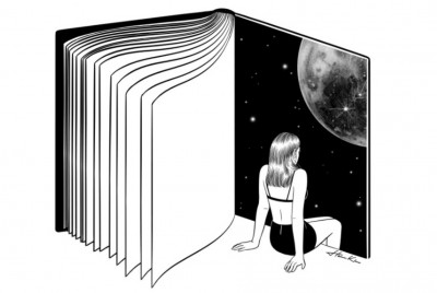 σκίτσο ενός βιβλίου με μία νάρκισσο κοπέλα να κάθεται σε μία σελίδα και να κοιτάζει το σύμπαν της εποχής