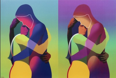 δυο απεικονίσεις ζευγαριού που αγκαλιάζεται σε πολύχρωμο φόντο