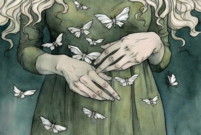 σκίτσο γυναίκας με πράσινο φόρεμα και πεταλούδες γύρω από τα χέρια της