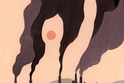 σκίτσο καπνών από ένα εργοστάσιο στο ηλιοβασίλεμα