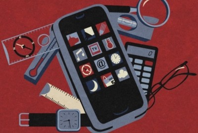 σκίτσο με ένα κινητό τηλέφωνο που βγάζει διάφορα εργαλεία από μέσα του σαν σουγιάς