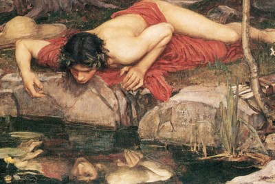 πίνακας με νάρκισσο άνδρα να κοιτάζει την αντανάκλασή του στο ποτάμι