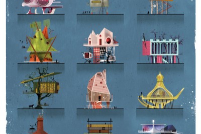 συλλογή εικόνων από φανταστικές αρχιτεκτονικές απεικονίσεις των σπιτιών των παιδικών παραμυθιών