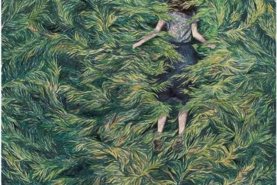 πίνακας που απεικονίζει μία γυναίκα μπρούμυτα μέσα σε χόρτα