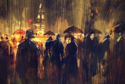διάφορες μορφές ανθρώπων στη βροχή με ομπρέλες