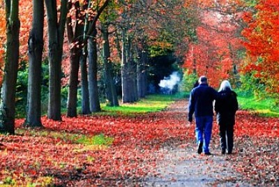 ζευγάρι περπατάει σε ένα μονοπάτι το φθινόπωρο