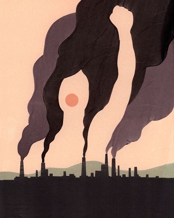 σκίτσο καπνών από ένα εργοστάσιο στο ηλιοβασίλεμα