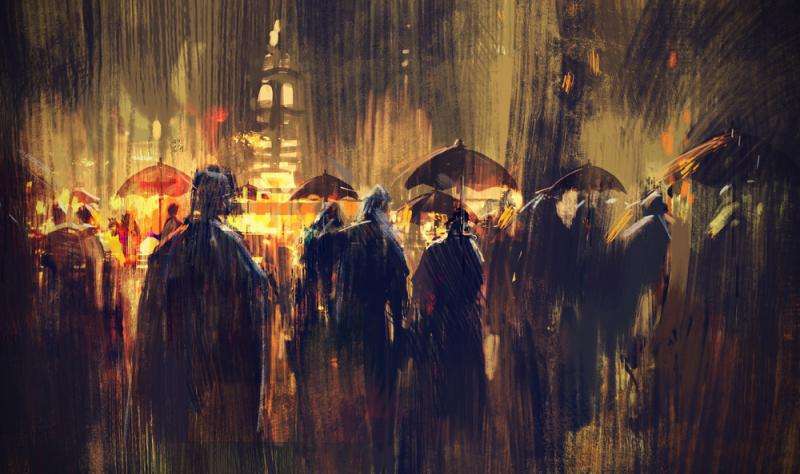 διάφορες μορφές ανθρώπων στη βροχή με ομπρέλες