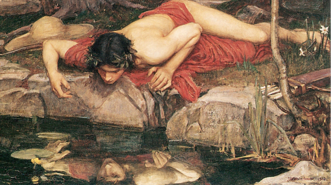 πίνακας με νάρκισσο άνδρα να κοιτάζει την αντανάκλασή του στο ποτάμι
