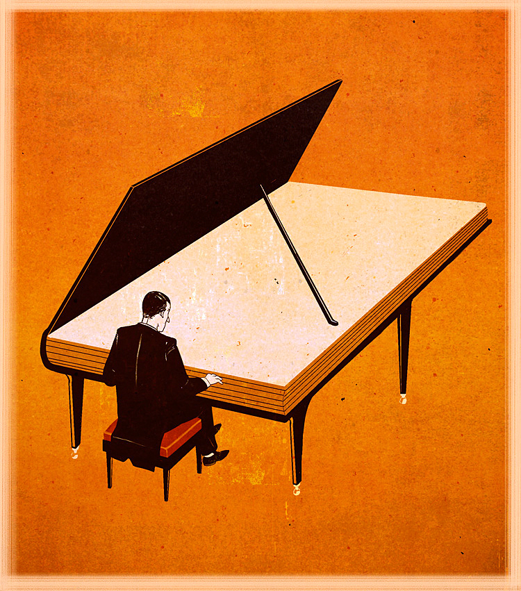 πιανίστας παίζει πιάνω σε ένα βιβλίο σε ένδειξη πως η επανάληψη είναι η μήτηρ της μάθησης