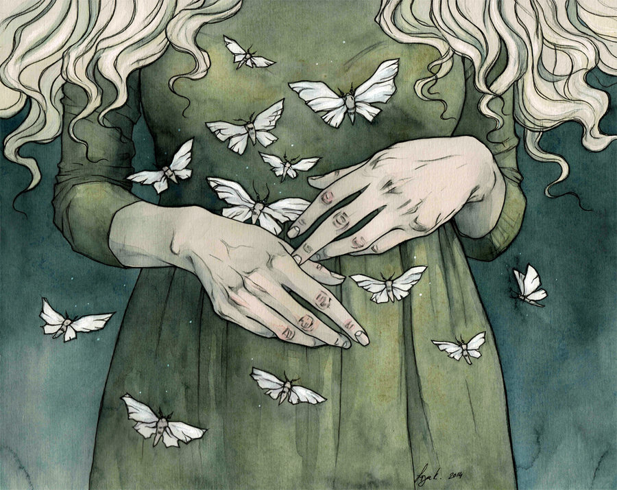 σκίτσο γυναίκας με πράσινο φόρεμα και πεταλούδες γύρω από τα χέρια της