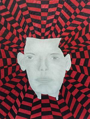 πίνακας με κόκκινα και μαύρα πλαίσια και στο κέντρο του ένα ανθρώπινο κεφάλι σχιζοφρένεια