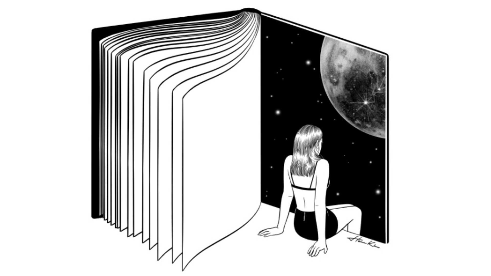 σκίτσο ενός βιβλίου με μία νάρκισσο κοπέλα να κάθεται σε μία σελίδα και να κοιτάζει το σύμπαν της εποχής