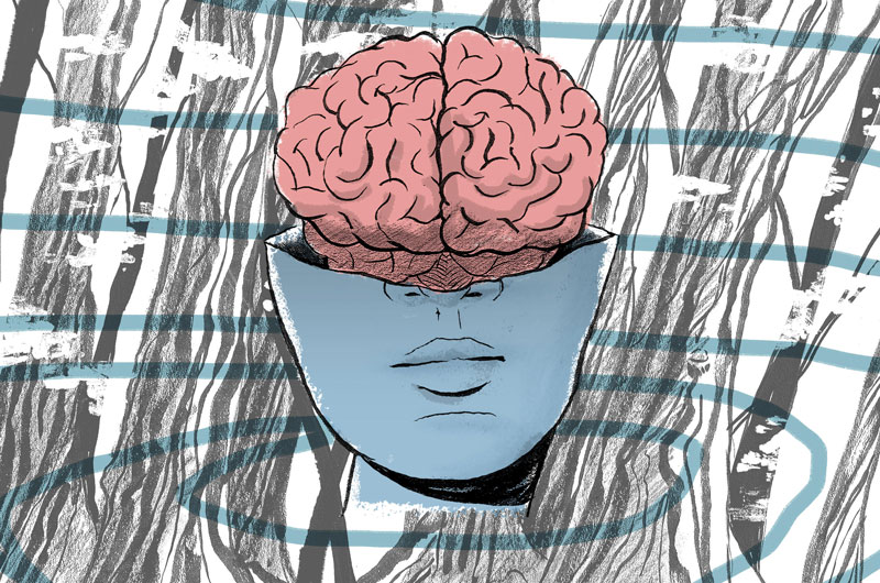 κεφάλι ανθρώπου με μπλε χρώμα που έχει κοπεί στη μέση και φαίνεται ο εγκέφαλος