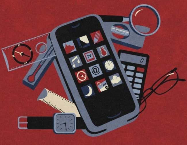 σκίτσο με ένα κινητό τηλέφωνο που βγάζει διάφορα εργαλεία από μέσα του σαν σουγιάς