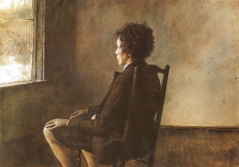 ζωγραφιά ανθρώπου να κάθεται σε καρέκλα και να κοιτάζει έξω από το παράθυρο