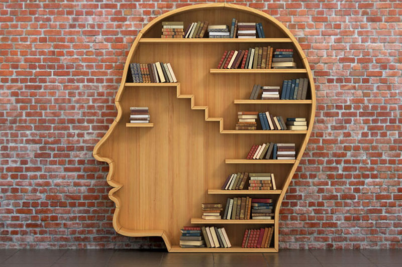 ένα ανθρώπινο κεφάλι σαν βιβλιοθήκη με πολλά βιβλία τοποθετημένο σε ένα τοίχο με τούβλα