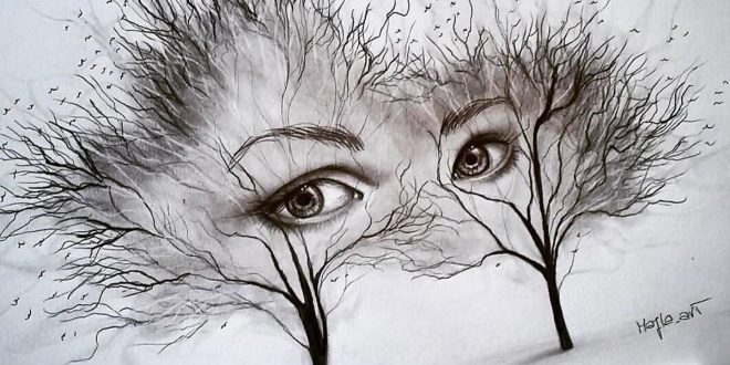 πίνακας με δύο μάτια ζωγραφισμένα στα κλαδιά δύο ξερών δέντρων