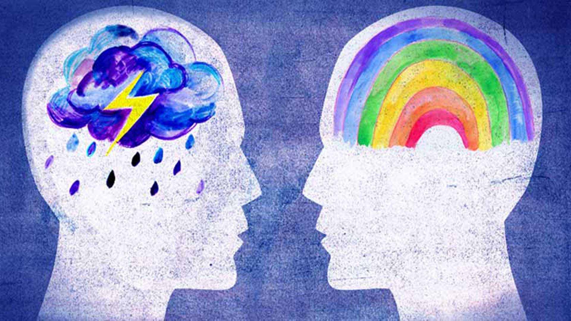 δύο ανθρώπινα κεφάλια όπου στον αριστερό απεικονίζονται εσωτερικά σύννεφα με κεραυνό και στον δεξιό ένα ουράνιο τόξο δείχνουν τα οφέλη του εσωτερικού διαλόγου