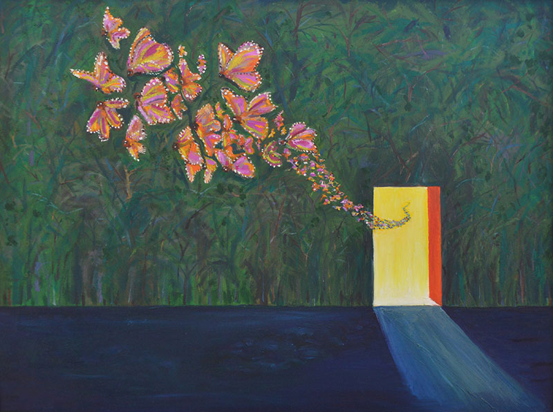 πίνακας που απεικονίζει μία φωτεινή πόρτα από την οποία μπαίνουν πολύχρωμες πεταλούδες